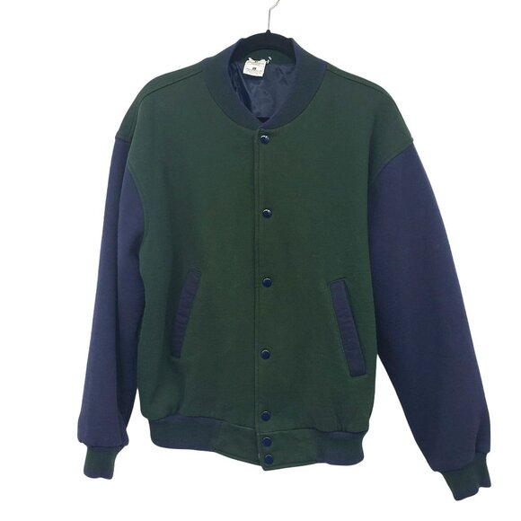 Fruit of the Loom Bomber Varsity Jacket Green Blue Snap Button 90s Retro Vintage - Picture 1 of 12